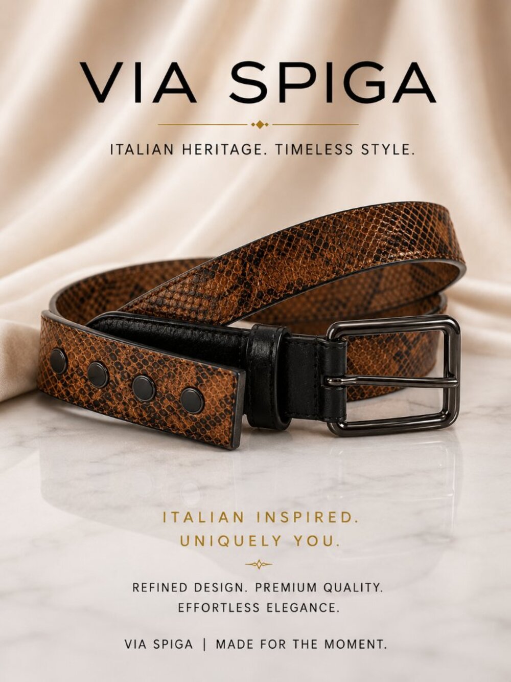Via Spiga Genuine Leather Snakeskin Embossed Brown Belt Italian Inspired